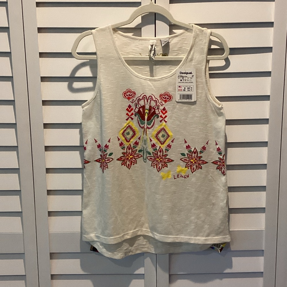 Desigual NWT Women's Tank Top with Multicolor thinly Embroidery.